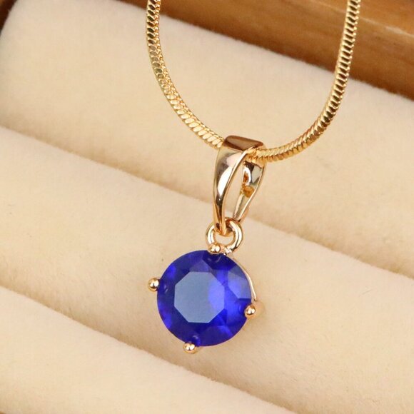 "Round Blue Stone Pendant in Gold Plated Brass – Dainty Everyday Charm, XPPT1758 - Picture 1 of 13